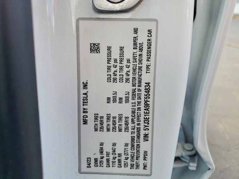 2023 Tesla Model 3 მანქანა იყიდება აუქციონზე, vin: 5YJ3E1EA9PF554834, აუქციონის ნომერი: 47761976