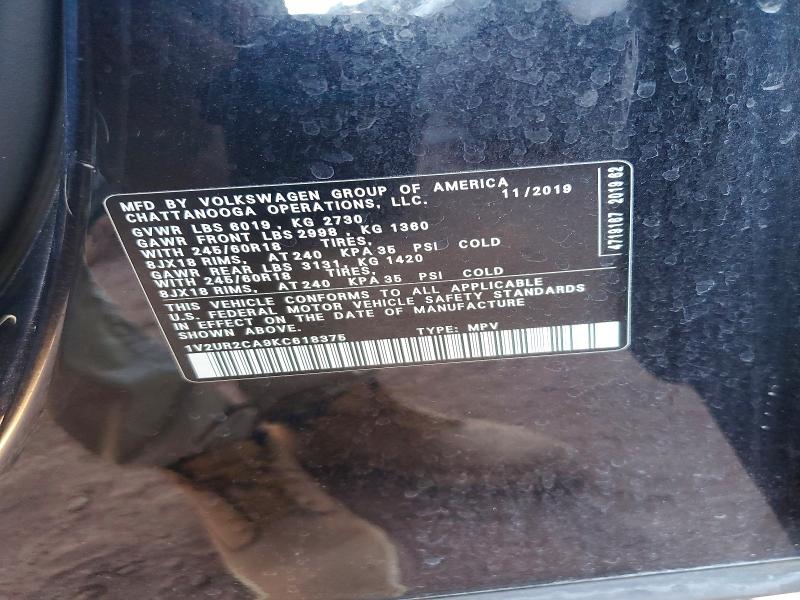 46100246 :رقم المزاد ، 1V2UR2CA9KC618375 vin ، 2019 Volkswagen Atlas مزاد بيع