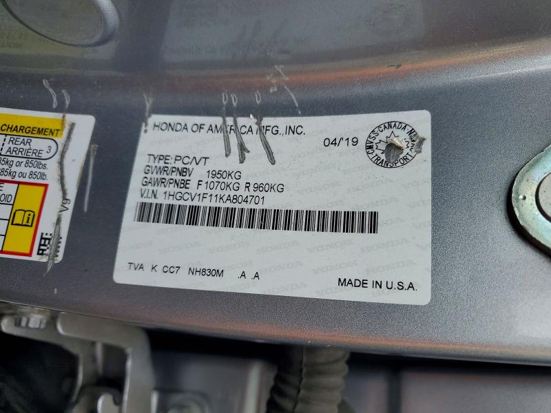 Продаж на аукціоні авто 2019 Honda Accord, vin: 1HGCV1F11KA804701, номер лоту: 45778556