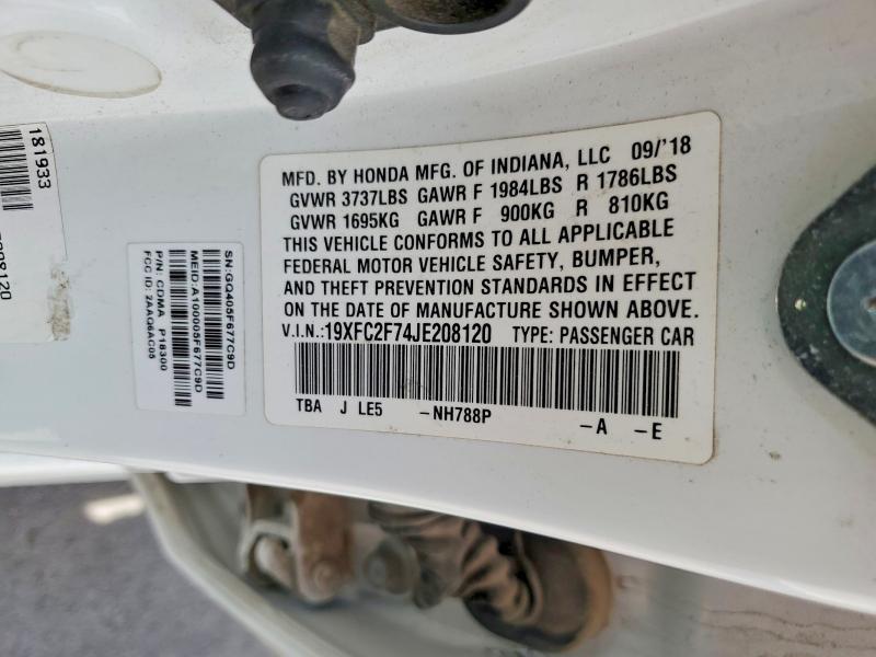 47764076 :رقم المزاد ، 19XFC2F74JE208120 vin ، 2018 Honda Civic مزاد بيع