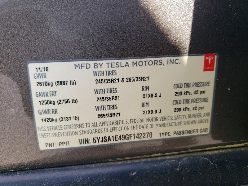 47788076 :رقم المزاد ، 5YJSA1E49GF142270 vin ، 2016 Tesla Model S مزاد بيع