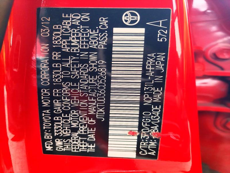 Продаж на аукціоні авто 2012 Toyota Yaris, vin: JTDKTUD36CD526819, номер лоту: 47231676