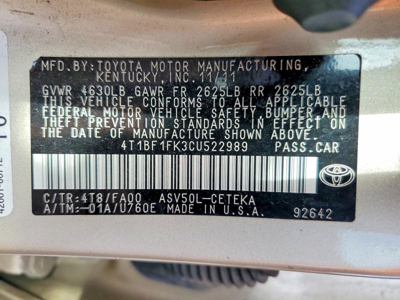 Aukcja sprzedaży 2012 Toyota Camry, vin: 4T1BF1FK3CU522989, numer aukcji: 79508435