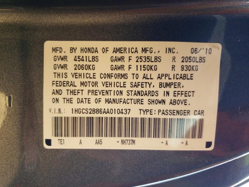 Auction sale of the 2010 Honda Accord, vin: 1HGCS2B86AA010437, lot number: 46952166