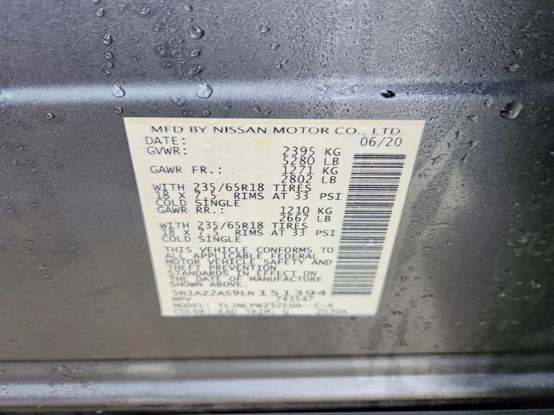 46002896 :رقم المزاد ، 5N1AZ2AS9LN151394 vin ، 2020 Nissan Murano مزاد بيع