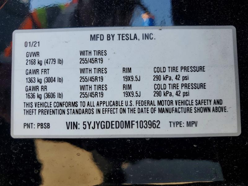 Aukcja sprzedaży 2021 Tesla Model Y, vin: 5YJYGDED0MF103962, numer aukcji: 47350256