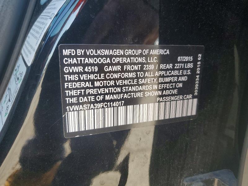 47763366 :رقم المزاد ، 1VWAS7A39FC114017 vin ، 2015 Volkswagen Passat مزاد بيع