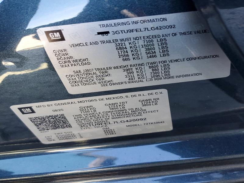 46413746 :رقم المزاد ، 3GTU9FEL7LG420092 vin ، 2020 Gmc Sierra مزاد بيع