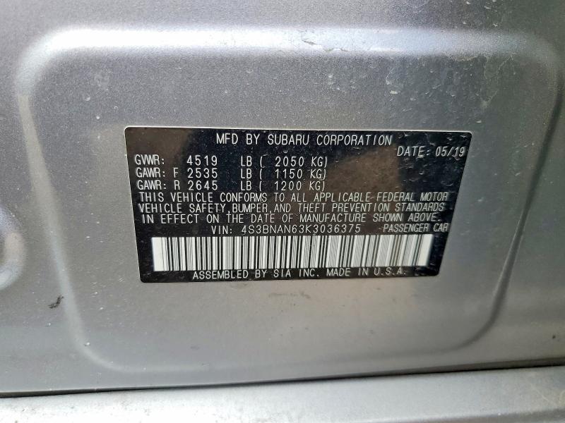 48352276 :رقم المزاد ، 4S3BNAN63K3036375 vin ، 2019 Subaru Legacy مزاد بيع