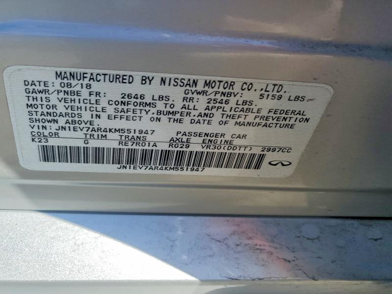 Продажа на аукционе авто 2019 Infiniti Q50, vin: JN1EV7AR4KM551947, номер лота: 45571546
