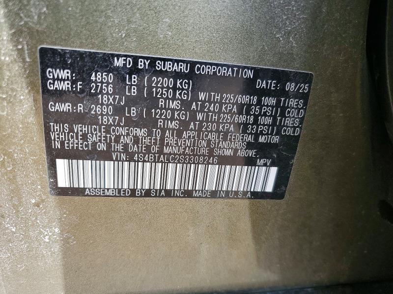 47578046 :رقم المزاد ، 4S4BTALC2S3308246 vin ، 2025 Subaru Outback مزاد بيع