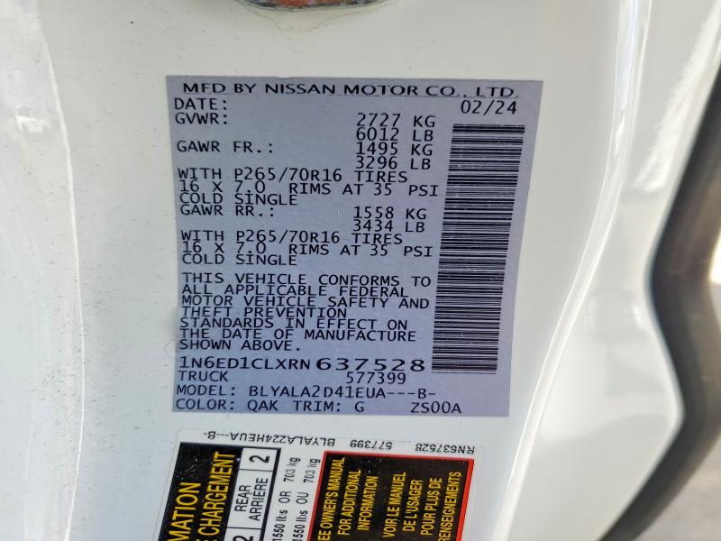 2024 Nissan Frontier მანქანა იყიდება აუქციონზე, vin: 1N6ED1CLXRN637528, აუქციონის ნომერი: 46182276