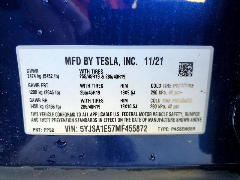 79342165 :رقم المزاد ، 5YJSA1E57MF455872 vin ، 2021 Tesla Model S مزاد بيع