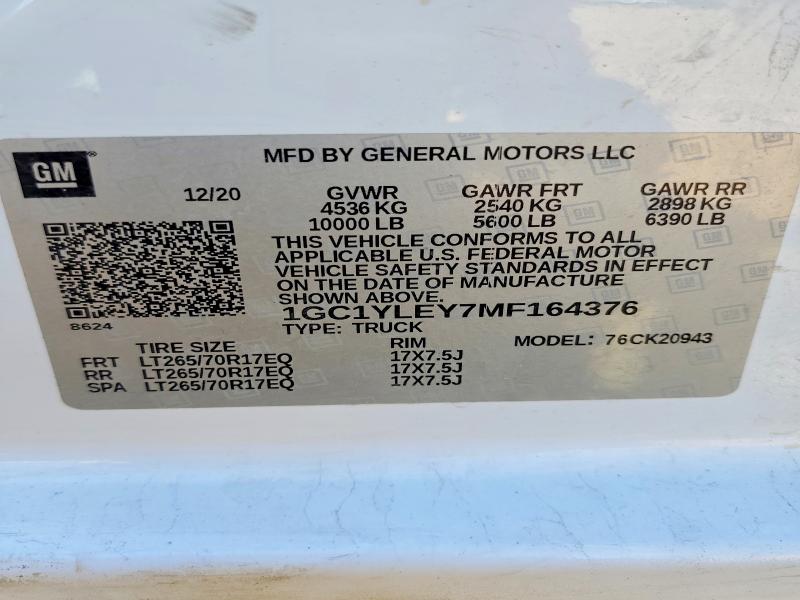 45574606 :رقم المزاد ، 1GC1YLEY7MF164376 vin ، 2021 Chevrolet Silverado مزاد بيع