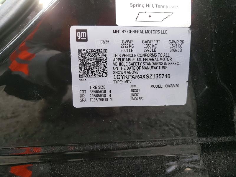 47959696 :رقم المزاد ، 1GYKPAR4XSZ135740 vin ، 2025 Cadillac Xt6 مزاد بيع