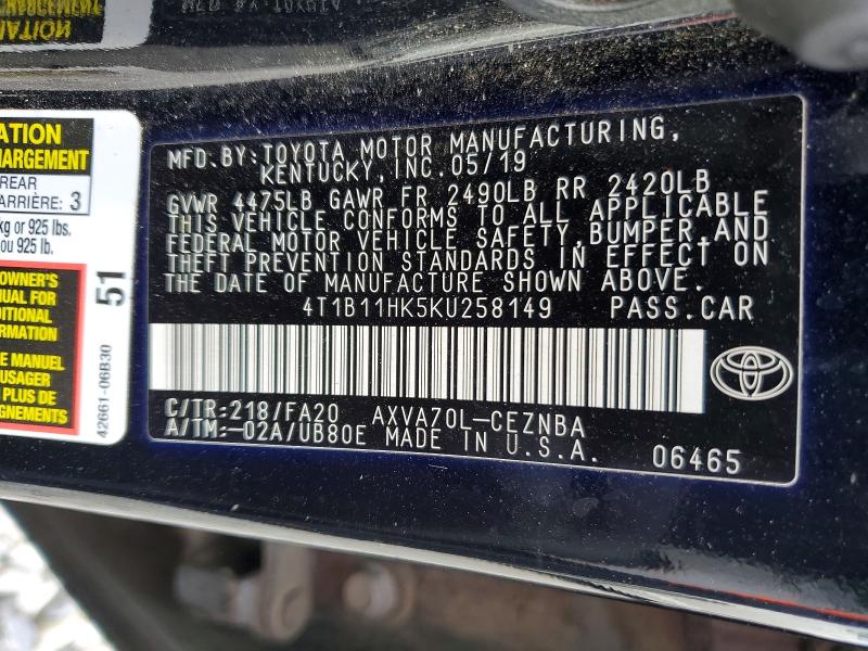 47078366 :رقم المزاد ، 4T1B11HK5KU258149 vin ، 2019 Toyota Camry مزاد بيع