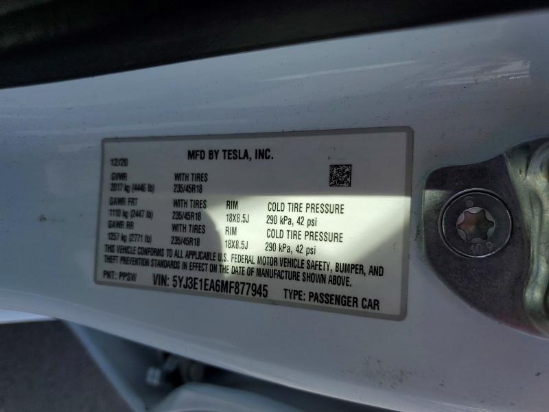 Aukcja sprzedaży 2021 Tesla Model 3, vin: 5YJ3E1EA6MF877945, numer aukcji: 47249736