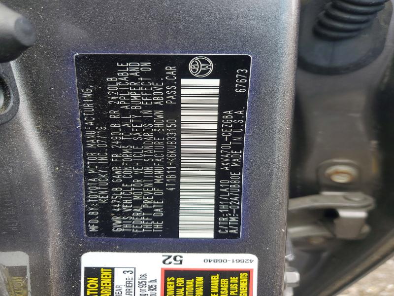 2019 Toyota Camry მანქანა იყიდება აუქციონზე, vin: 4T1B11HK6KU833150, აუქციონის ნომერი: 46459416
