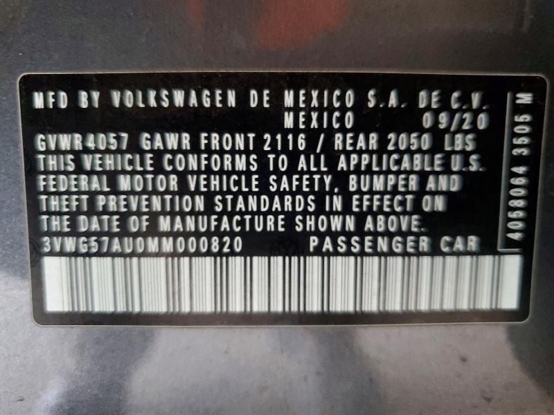 48167536 :رقم المزاد ، 3VWG57AU0MM000820 vin ، 2021 Volkswagen Golf مزاد بيع