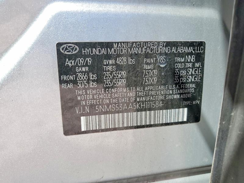 46647336 :رقم المزاد ، 5NMS53AA5KH111584 vin ، 2019 Hyundai Santa Fe مزاد بيع