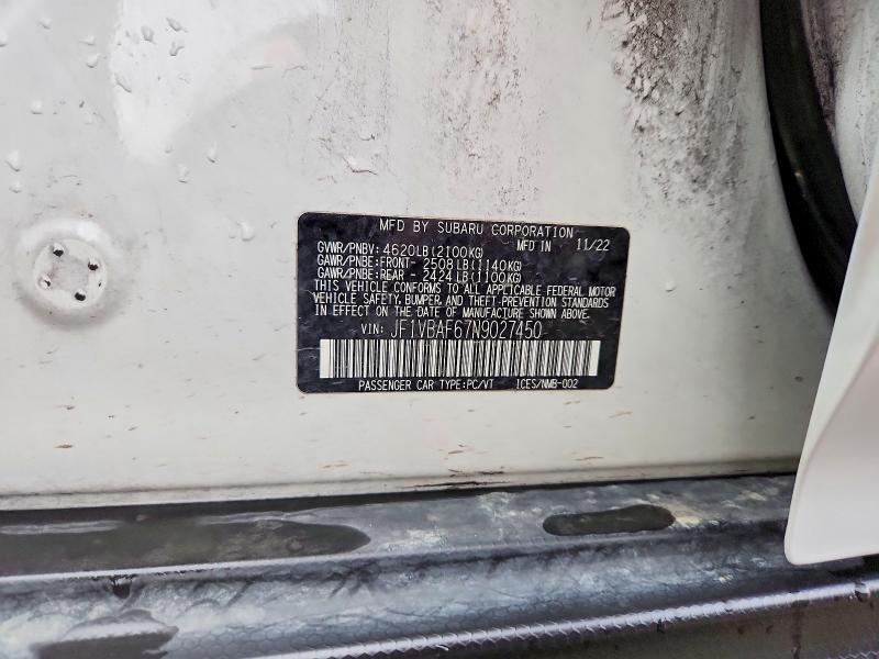 Продажа на аукционе авто 2022 Subaru Wrx, vin: JF1VBAF67N9027450, номер лота: 48022066