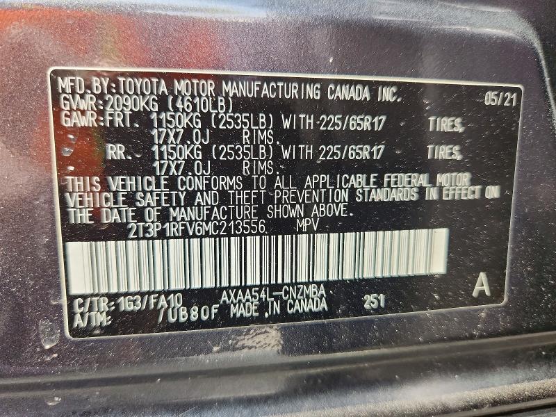 47342866 :رقم المزاد ، 2T3P1RFV6MC213556 vin ، 2021 Toyota Rav4 مزاد بيع