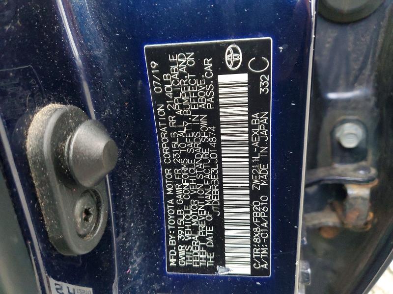 41878526 :رقم المزاد ، JTDEBRBE3LJ014874 vin ، 2020 Toyota Corolla Hybrid مزاد بيع