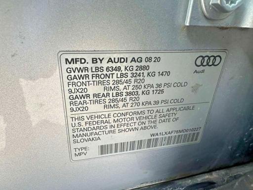 Aukcja sprzedaży 2021 Audi Q7, vin: WA1LXAF75MD010227, numer aukcji: 46379646