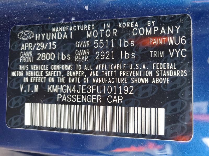 47201356 :رقم المزاد ، KMHGN4JE3FU101192 vin ، 2015 Hyundai Genesis مزاد بيع