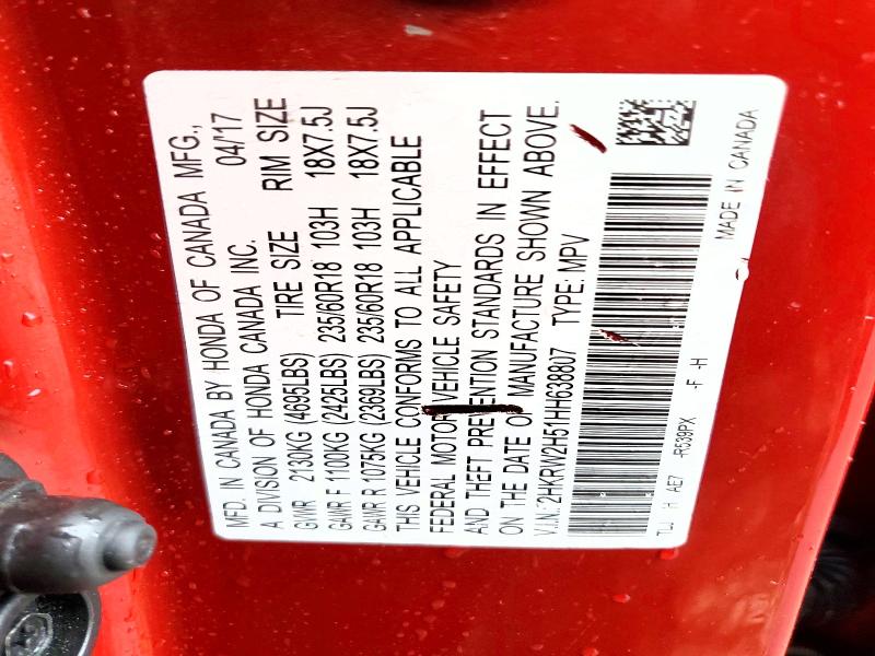 Aukcja sprzedaży 2017 Honda Cr-v, vin: 2HKRW2H51HH638807, numer aukcji: 45967356