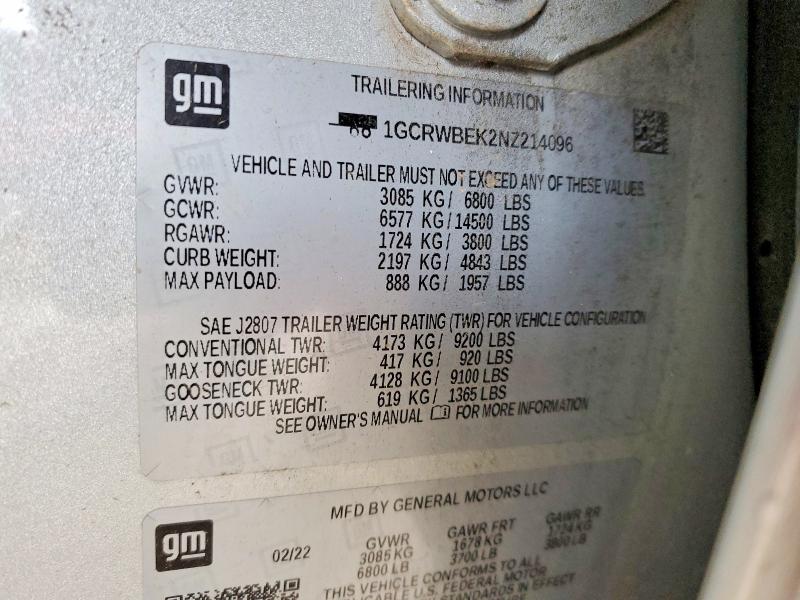 Aukcja sprzedaży 2022 Chevrolet Silverado Ltd, vin: 1GCRWBEK2NZ214096, numer aukcji: 79761835