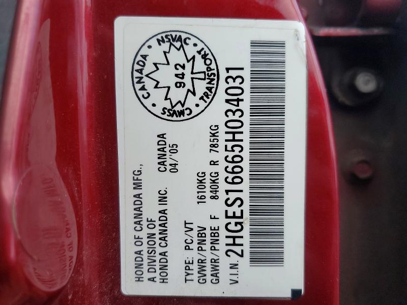 2005 Honda Civic მანქანა იყიდება აუქციონზე, vin: 2HGES16665H034031, აუქციონის ნომერი: 79426785