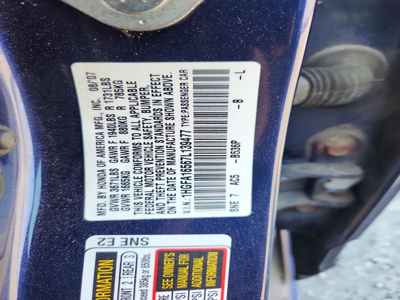Aukcja sprzedaży 2007 Honda Civic, vin: 1HGFA16567L139477, numer aukcji: 47724856