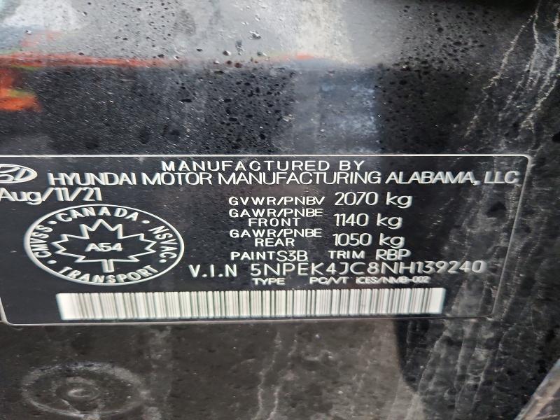 Продаж на аукціоні авто 2022 Hyundai Sonata, vin: 5NPEK4JC8NH139240, номер лоту: 47935986