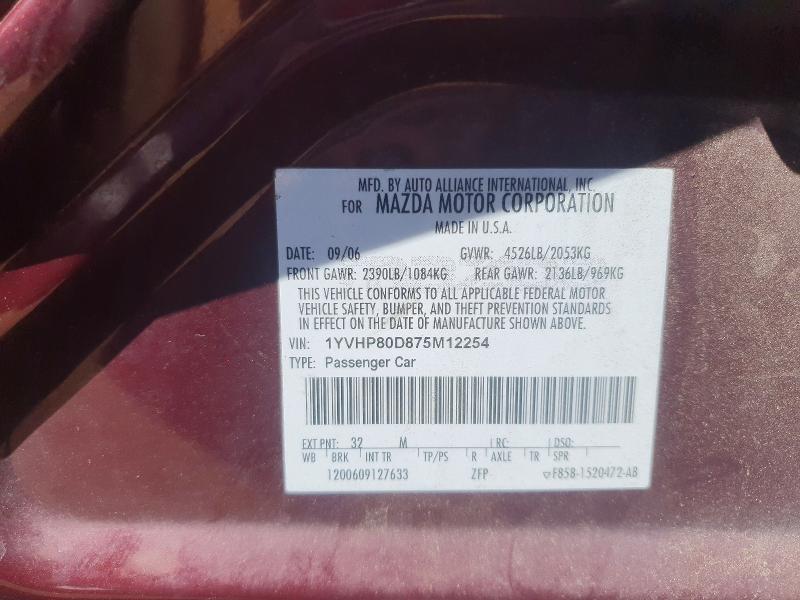 2007 Mazd 6 S Touring V6 მანქანა იყიდება აუქციონზე, vin: 1YVHP80D875M12254, აუქციონის ნომერი: 47362186