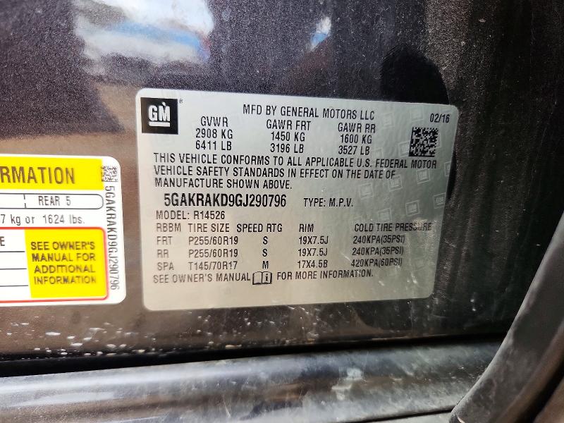 41725826 :رقم المزاد ، 5GAKRAKD9GJ290796 vin ، 2016 Buick Enclave مزاد بيع