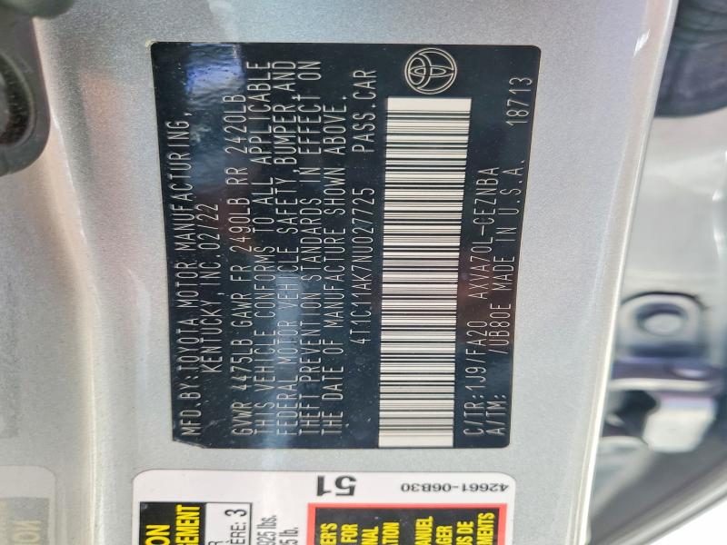 47303916 :رقم المزاد ، 4T1C11AK7NU027725 vin ، 2022 Toyota Camry مزاد بيع
