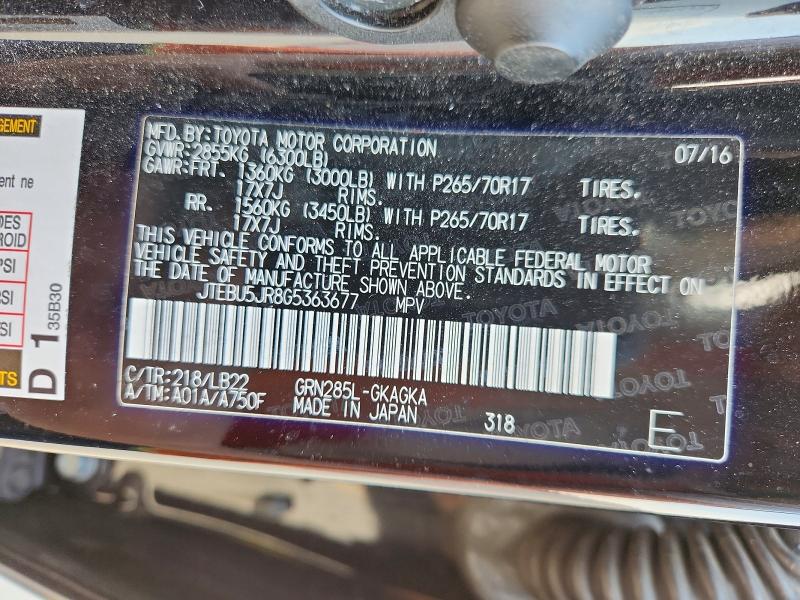 Aukcja sprzedaży 2016 Toyota 4runner, vin: JTEBU5JR8G5363677, numer aukcji: 47432966