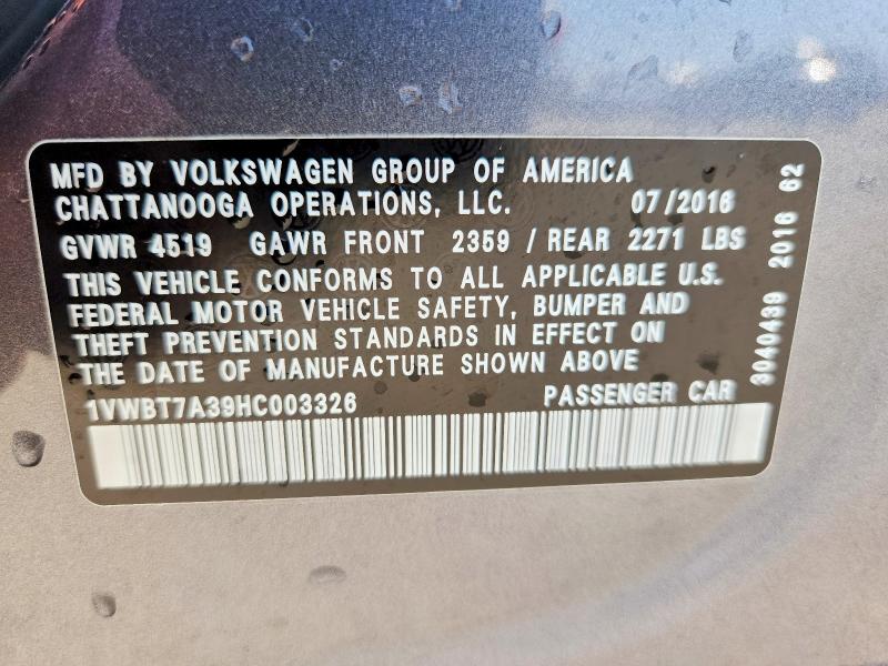 46900136 :رقم المزاد ، 1VWBT7A39HC003326 vin ، 2017 Volkswagen Passat مزاد بيع