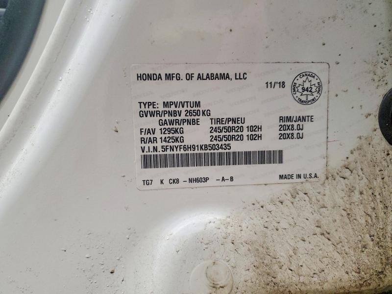 48293606 :رقم المزاد ، 5FNYF6H91KB503435 vin ، 2019 Honda Pilot مزاد بيع