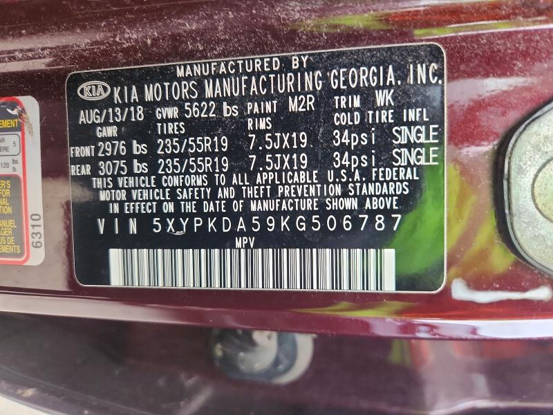 46278986 :رقم المزاد ، 5XYPKDA59KG506787 vin ، 2019 Kia Sorento مزاد بيع