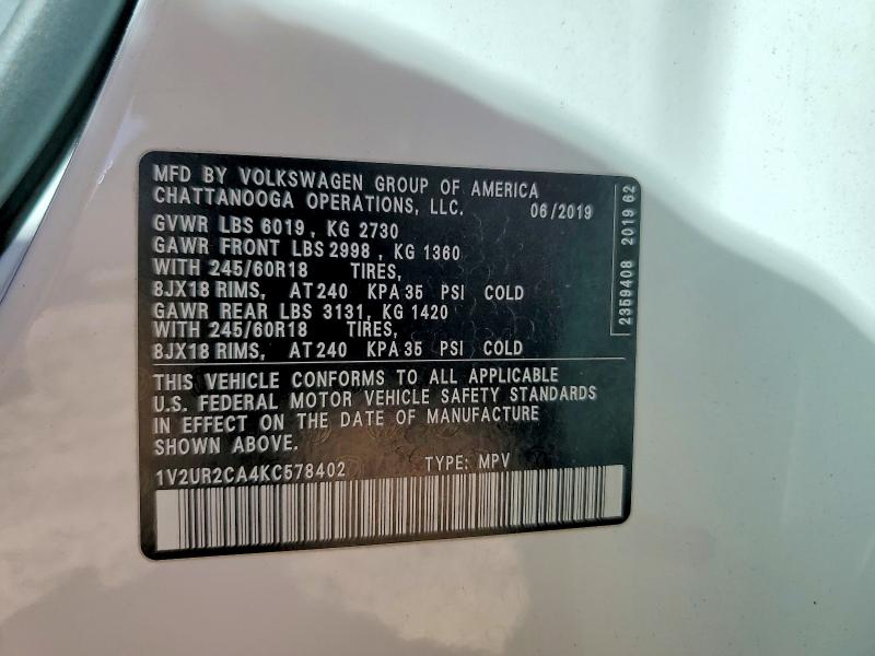 79726365 :رقم المزاد ، 1V2UR2CA4KC578402 vin ، 2019 Volkswagen Atlas مزاد بيع