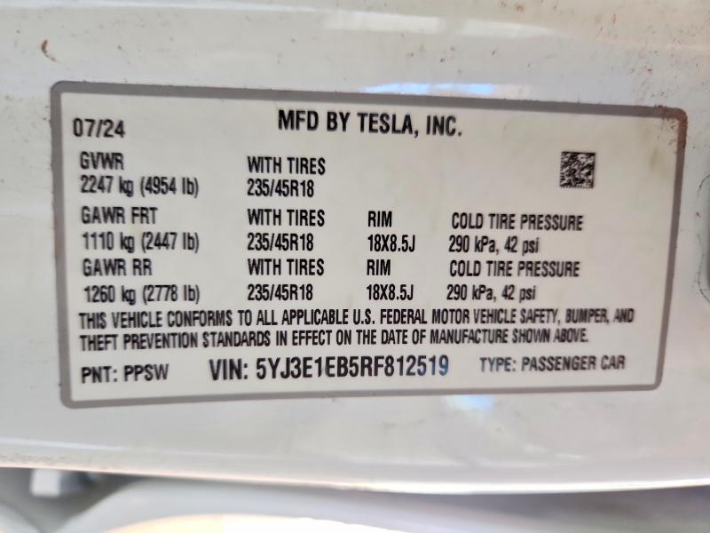 Продаж на аукціоні авто 2024 Tesla Model 3, vin: 5YJ3E1EB5RF812519, номер лоту: 41724006