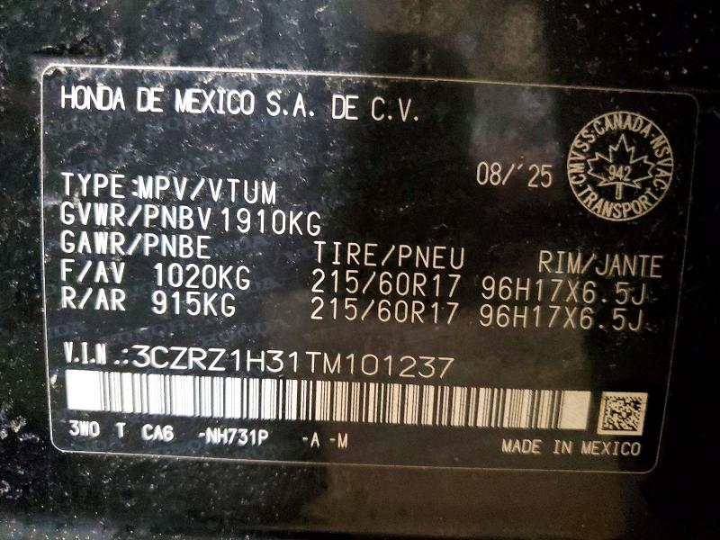 45957056 :رقم المزاد ، 3CZRZ1H31TM101237 vin ، 2026 Honda Hr-v مزاد بيع