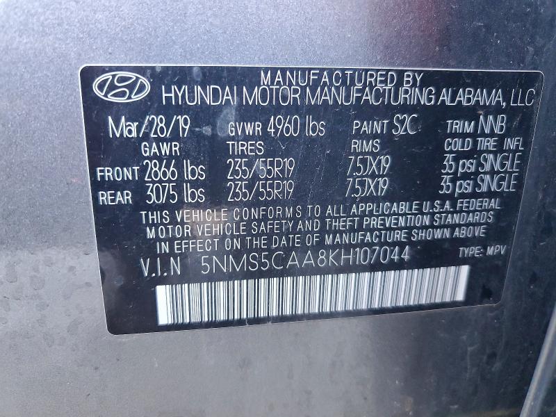Продажа на аукционе авто 2019 Hyundai Santa Fe, vin: 5NMS5CAA8KH107044, номер лота: 41699756