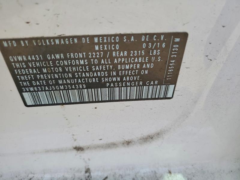 2016 Volkswagen Jetta მანქანა იყიდება აუქციონზე, vin: 3VW637AJ5GM354389, აუქციონის ნომერი: 46158626