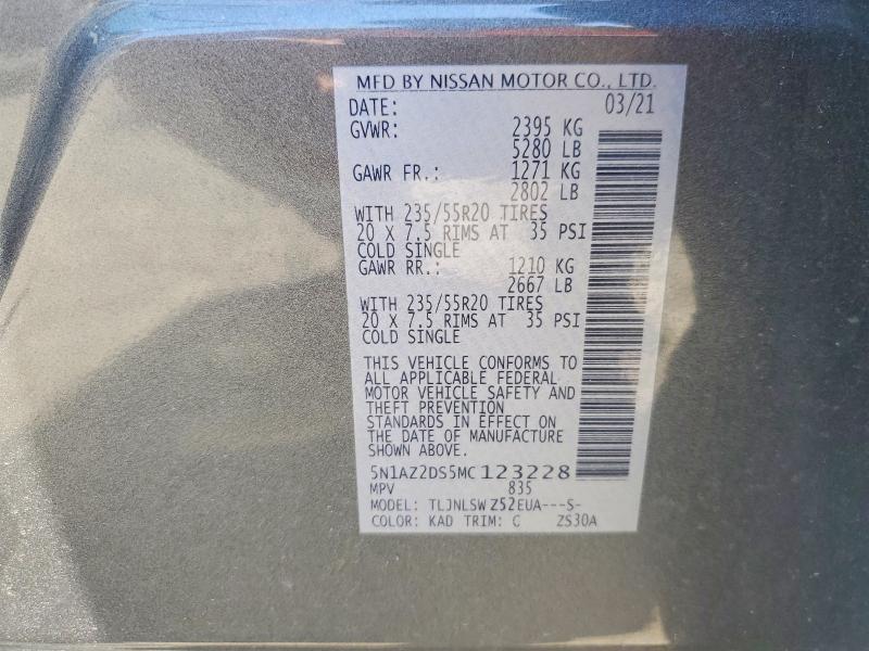 47598516 :رقم المزاد ، 5N1AZ2DS5MC123228 vin ، 2021 Nissan Murano مزاد بيع