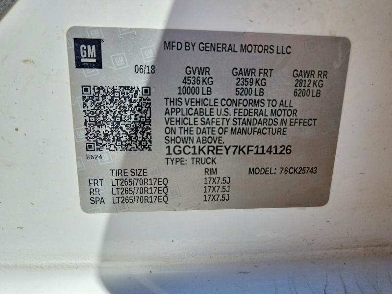 47660116 :رقم المزاد ، 1GC1KREY7KF114126 vin ، 2019 Chev Silverado مزاد بيع