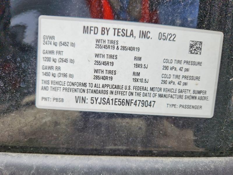 46823386 :رقم المزاد ، 5YJSA1E56NF479047 vin ، 2022 Tesla Model S مزاد بيع