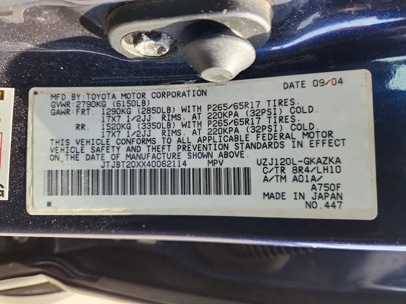 47757096 :رقم المزاد ، JTJBT20XX40062114 vin ، 2004 Lexus Gx 470 مزاد بيع
